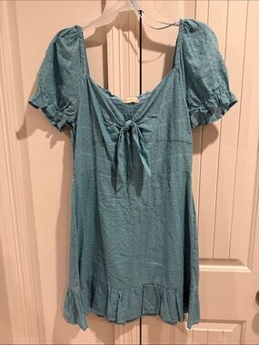 Altar'd State Dusty Blue Tie-Front Swiss Dot Mini Dress